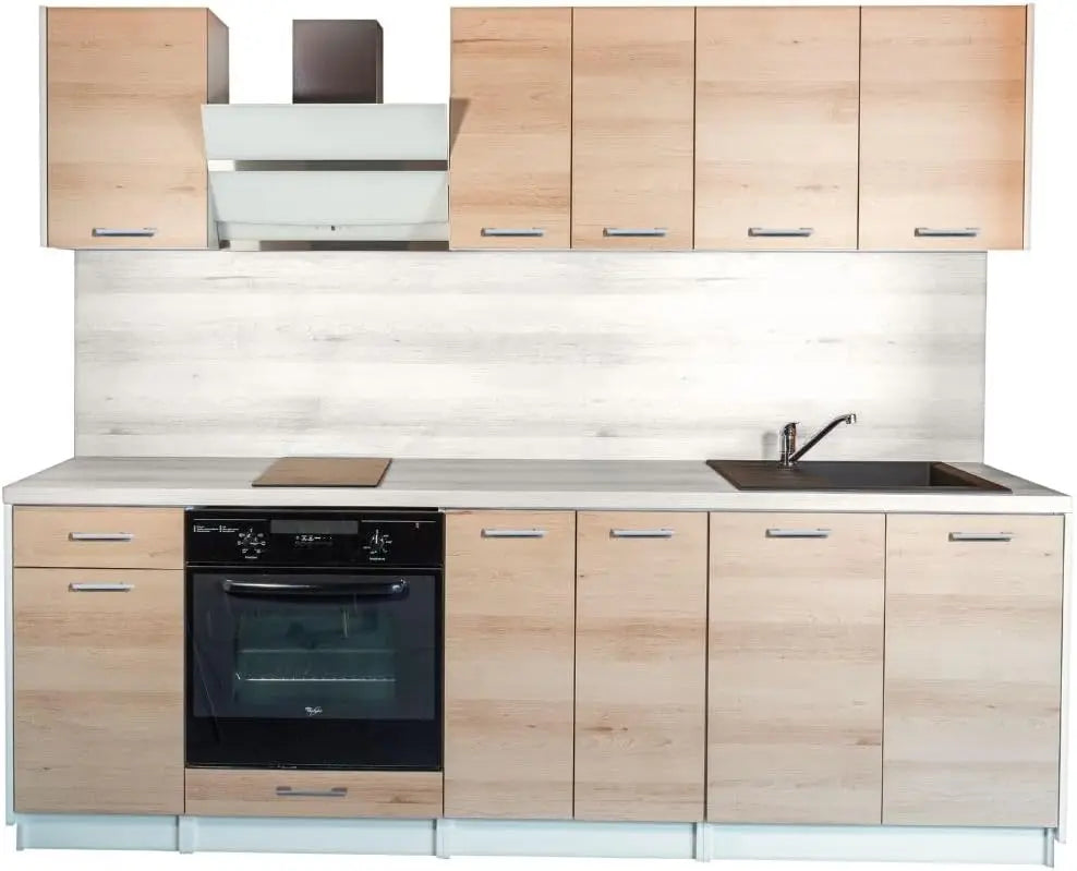 Cuisineandcie - Cuisine Complete ECO Chene Naturel 240 cm - Set de 7 Meubles de Cuisine – beige/gris