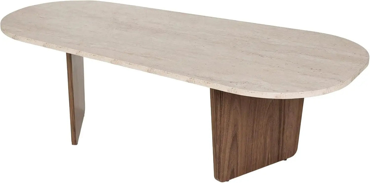 Table Basse en bois 'Ovalis' - 130 x 65 x 40 cm - Travertin / Noyer – gris/beige/orange