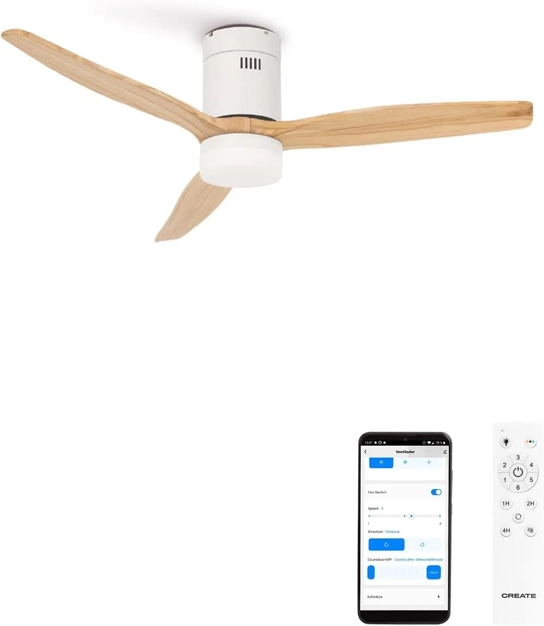 CREATE / WINDCALM M/Ventilateur de plafond ABS avec lumière Wifi et télécommande blanc pales effet bois