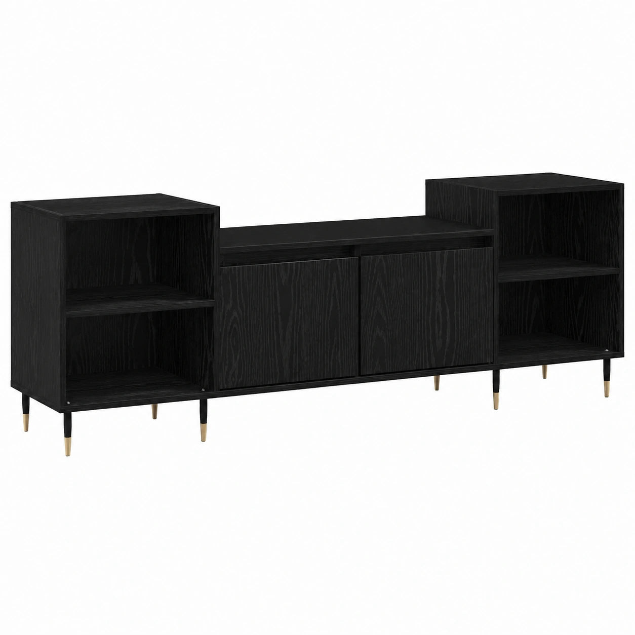 Meuble TV, avec rangement, avec étagères, avec portes, en chêne, coloris noir, 160 x 35 x 55 cm, pour le salon
