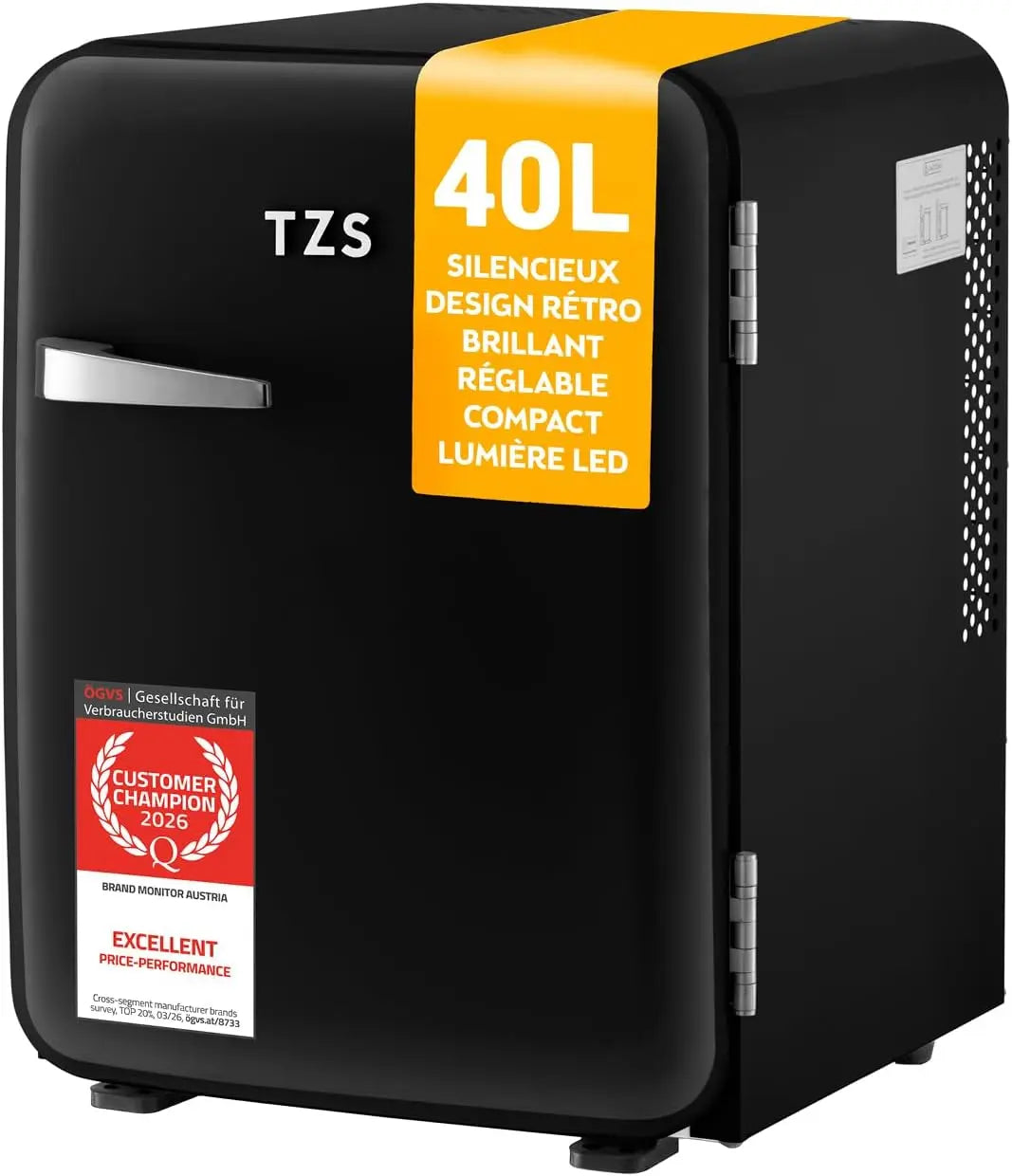 TZS First Austria - Mini Réfrigérateur Rétro 40L silencieux - Petit Minifrigo design vintage avec lumière – noir