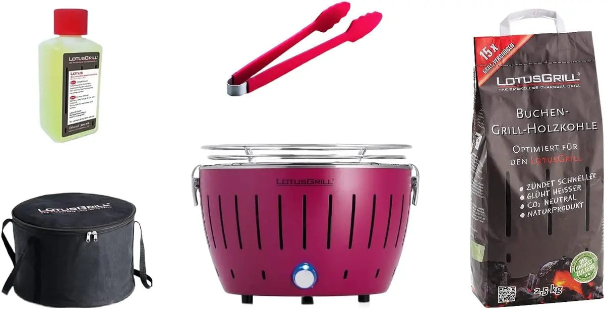 LotusGrill Small Compact Kit de démarrage pour barbecue au charbon de bois avec 1 kg de charbon de bois – gris/rouge