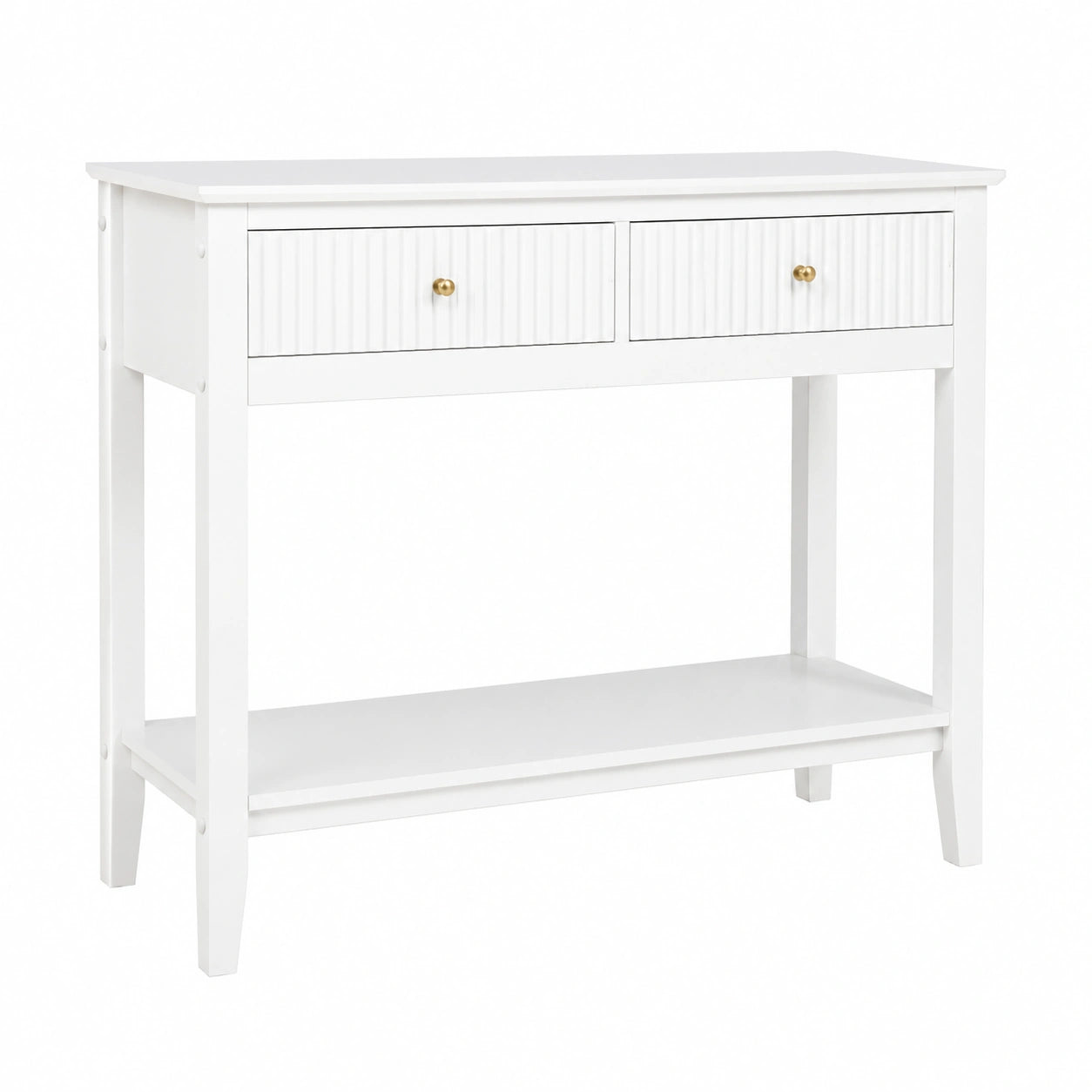 Table, avec tiroirs, en panneaux de bois, coloris blanc et doré, pour les espaces de vie