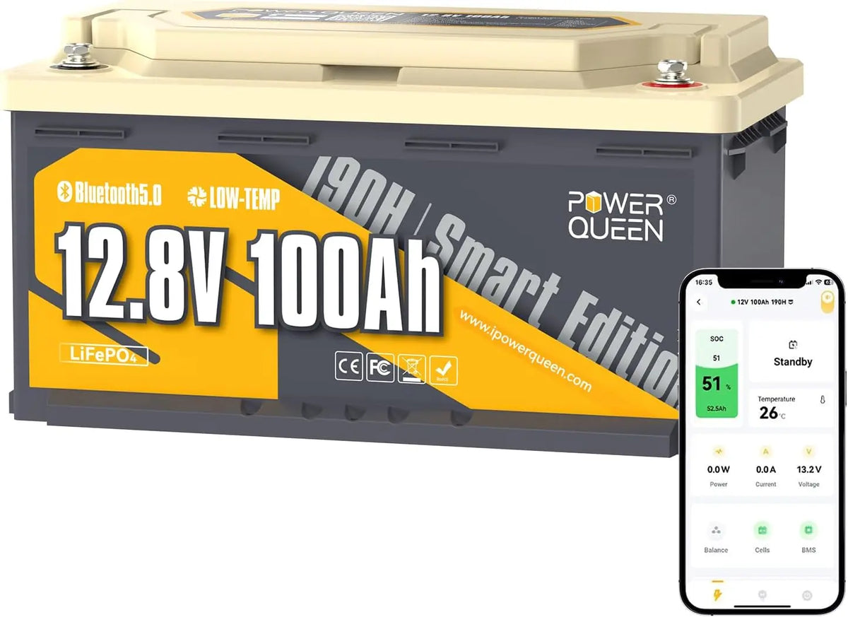 Power Queen 12,8V 100Ah H190 Batterie Lithium Bluetooth pour Camping-Car – gris/blanc