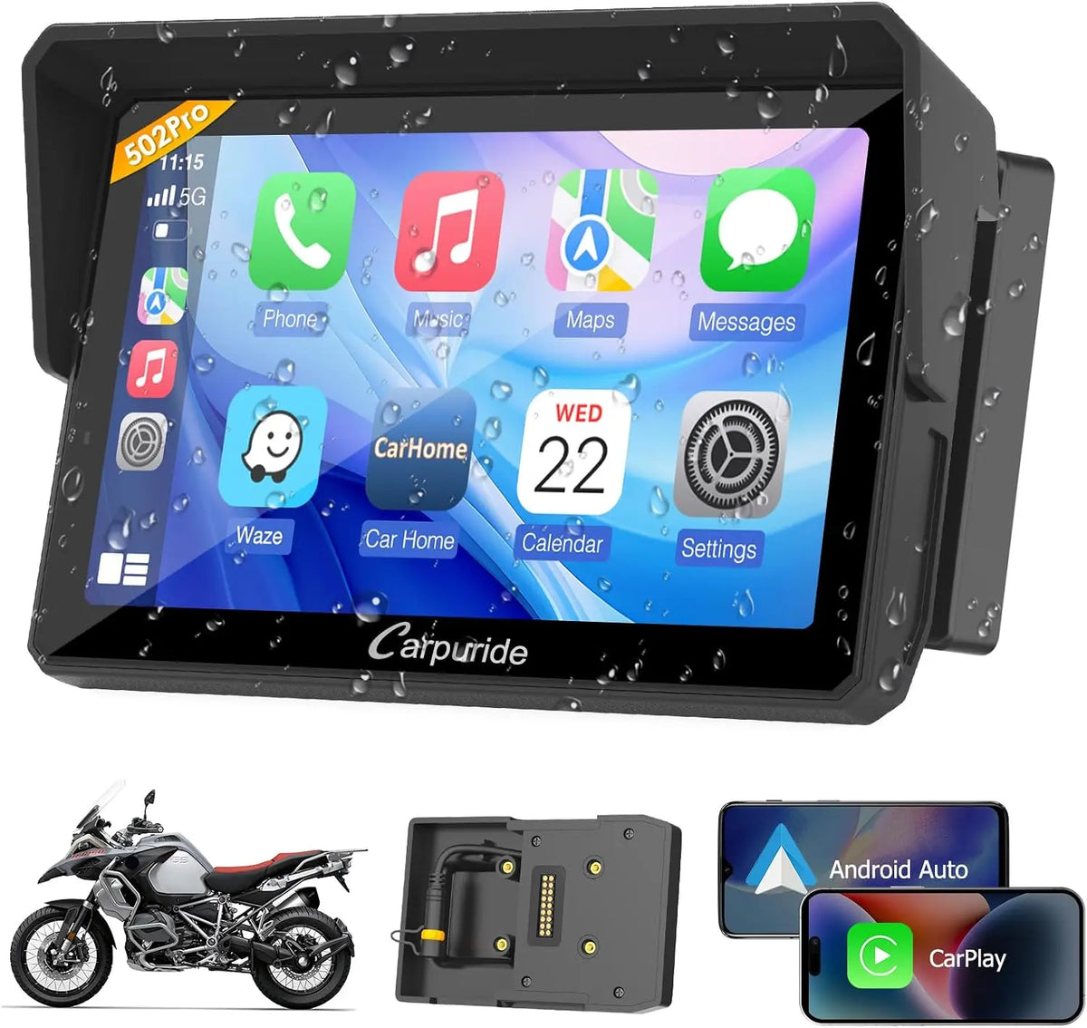 CARPURIDE 502B Pro pour BMW Motorrad CarPlay 5' Android Auto Bluetooth – bleu/gris/noir