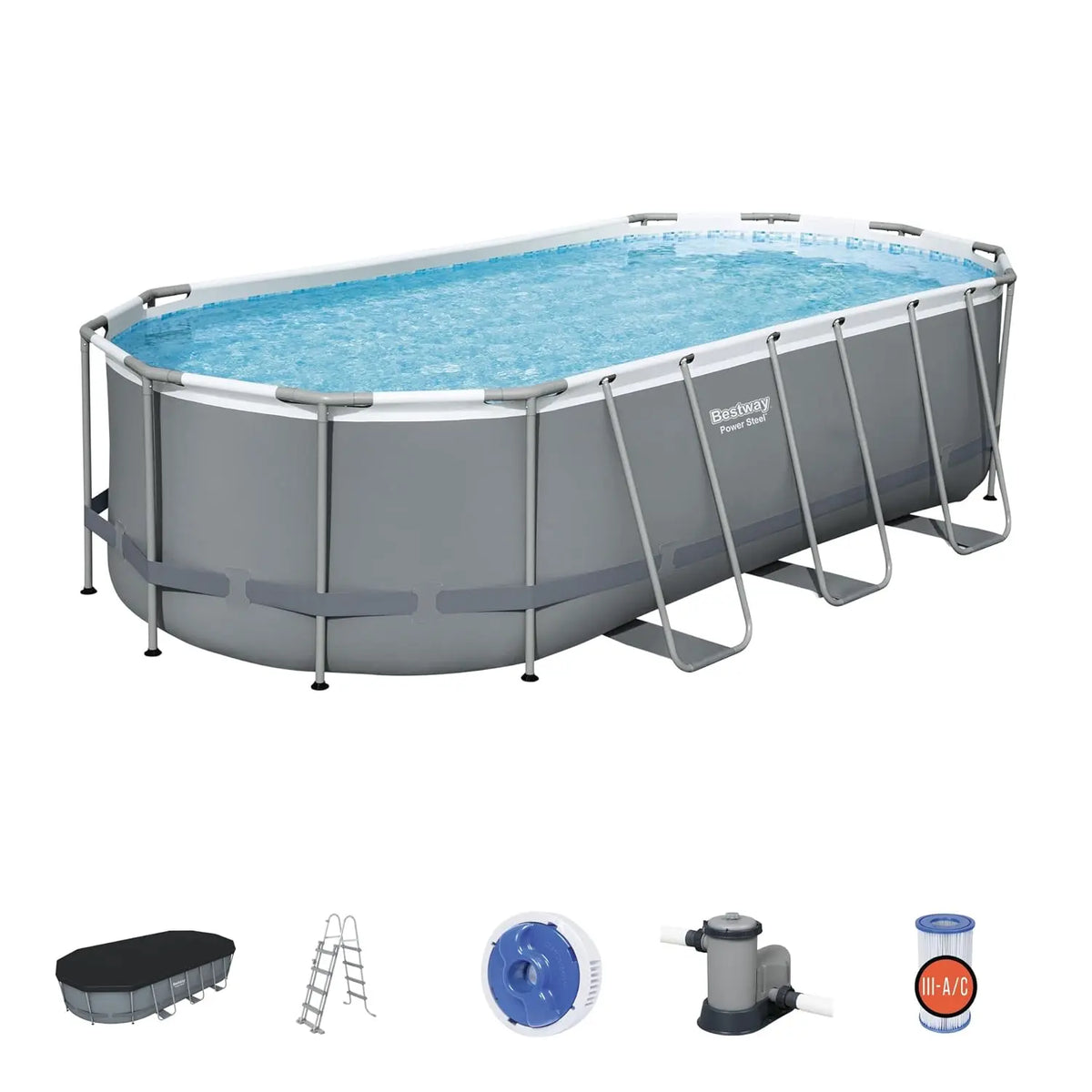 Bestway Piscine Hors Sol Ovale Power Steel 549 x 274 x 122cm avec Accessoires – gris/bleu