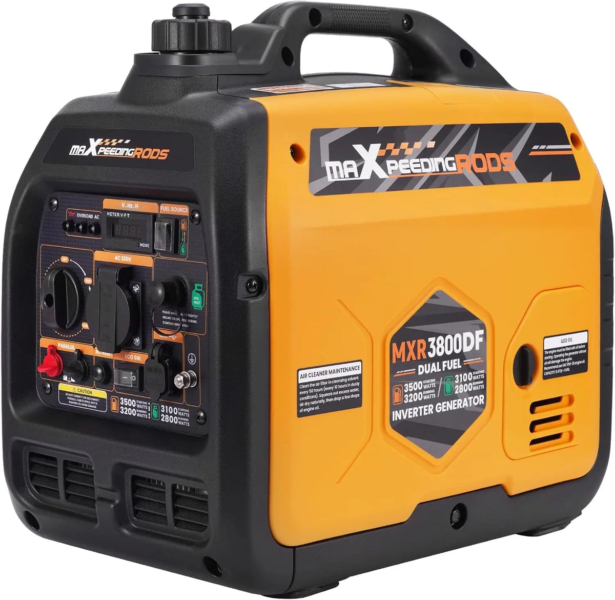 MaXpeedingrods Groupe Electrogene Silencieux GPL et Essence 3500W Léger Inverter Générateur Gaz/Essence – gris/orange/noir