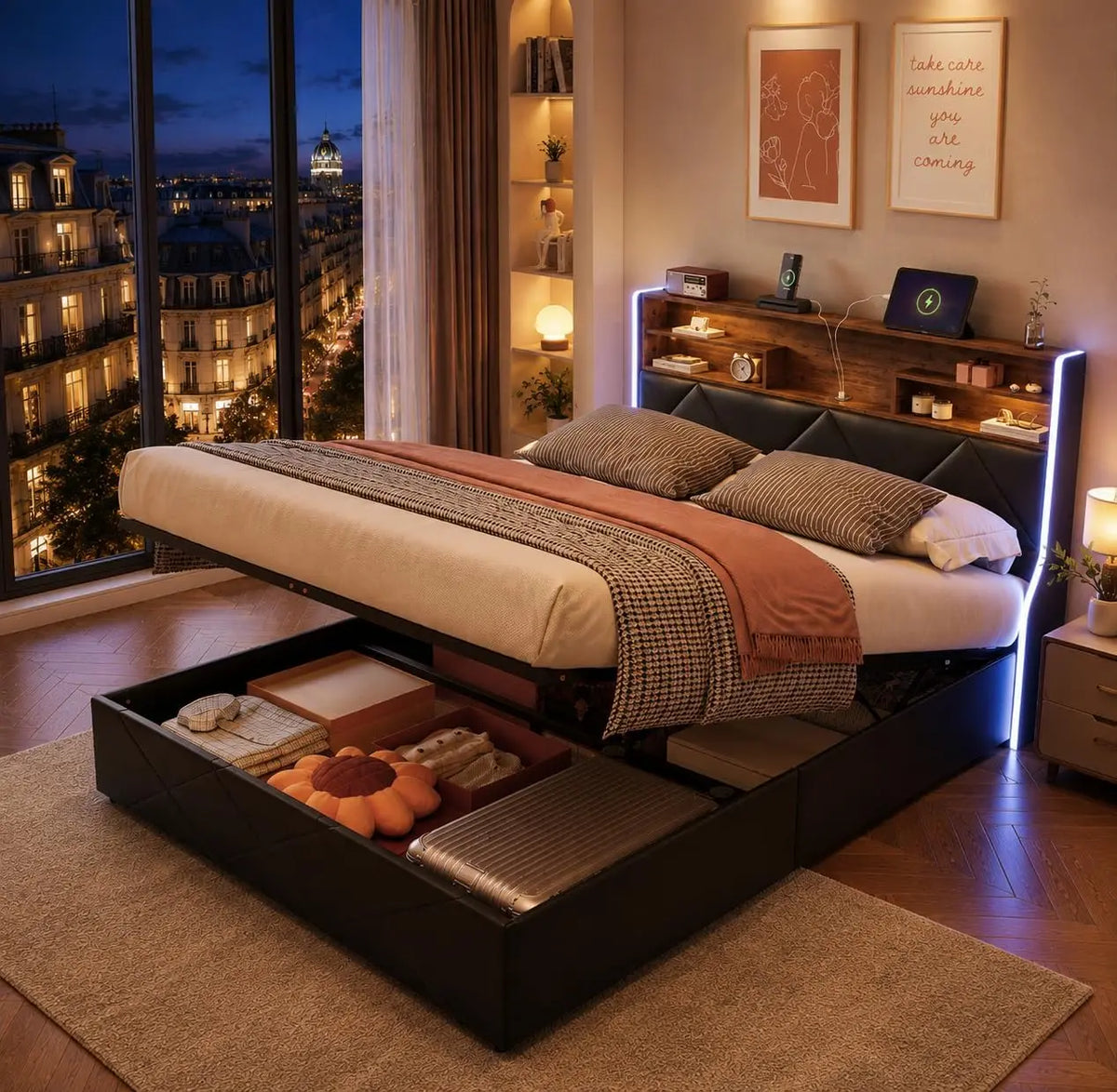 LIVLUX Lit Coffre 160 x 200 cm avec éclairage LED et Prise USB – noir