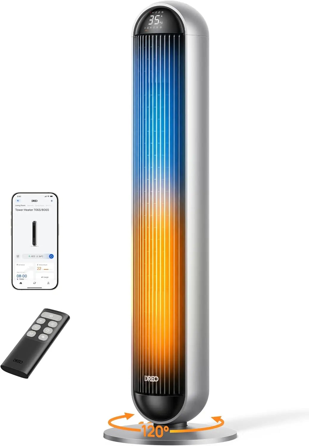 DREO Ventilateur Tour Chauffant Intelligent 2-en-1 – 2000 W, 693 m³/h, gris/bleu/orange