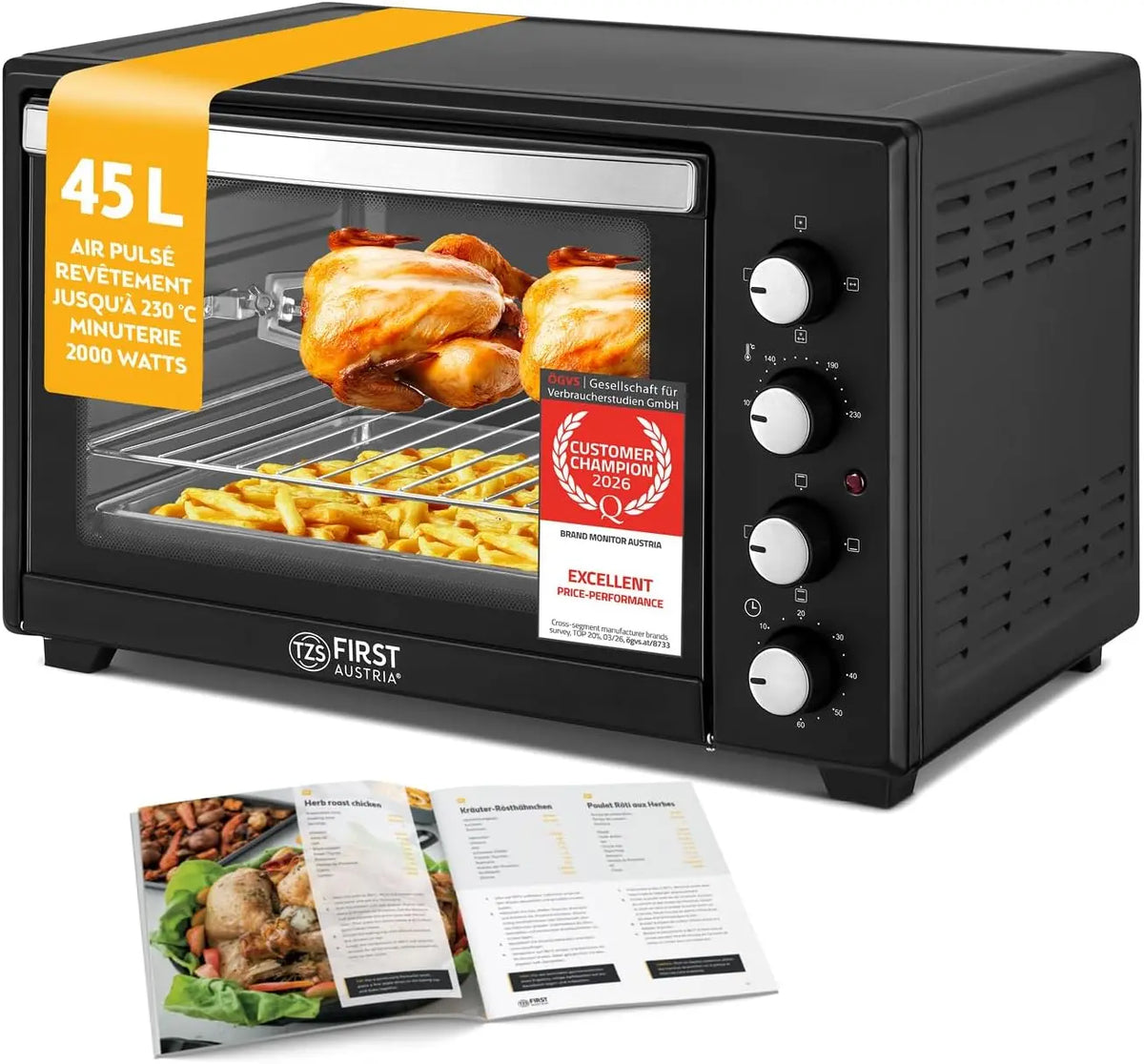 TZS First Austria - Mini-Four 45L 2000W - Four à pizza avec température jusqu'à 230°C et revêtement – gris/noir