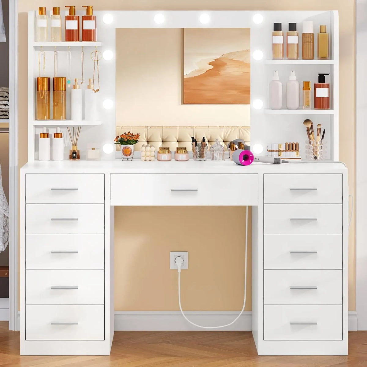 Grande Coiffeuse avec Miroir LED et Prise – blanc