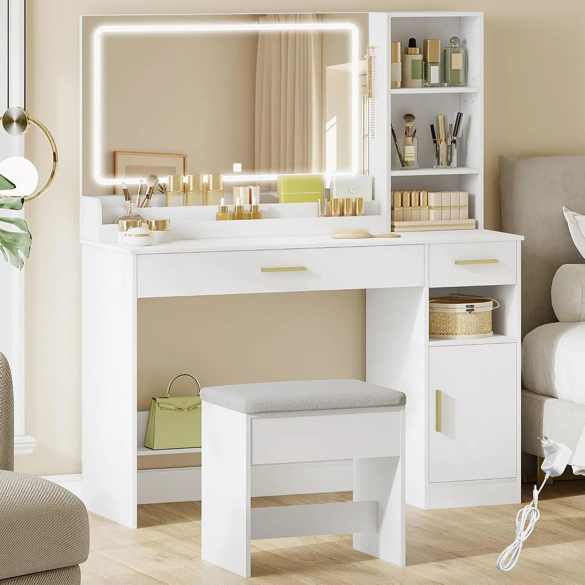HEXCELEN 108cm Coiffeuse avec Miroir et Tabouret – blanc