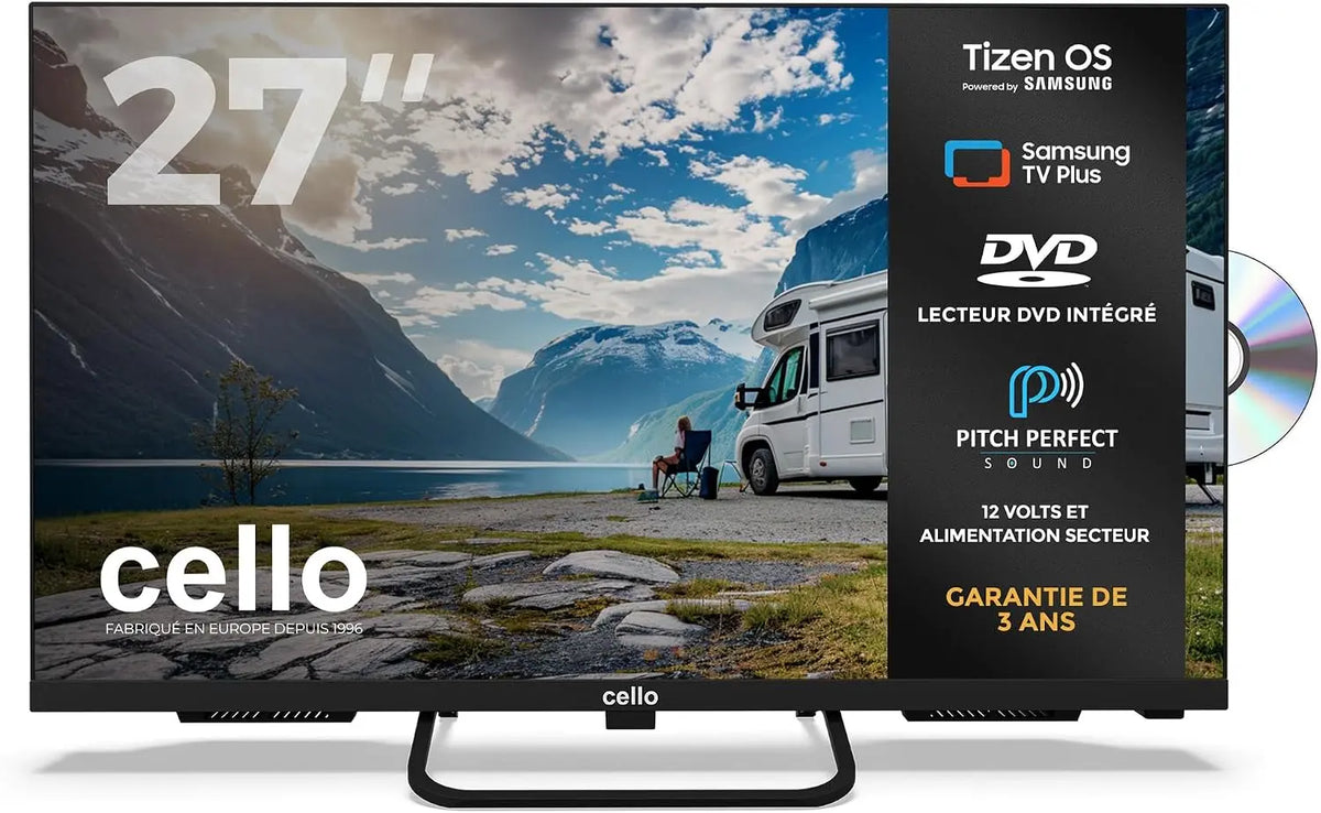 Cello CTRAV-27TZF téléviseur/DVD LED Smart 12V Traveller 27 Pouces avec Tizen OS de Samsung – noir