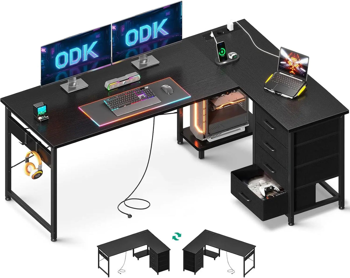 ODK Bureau d'angle avec 4 Tiroirs en Tissu – 155 x110 cm, noir