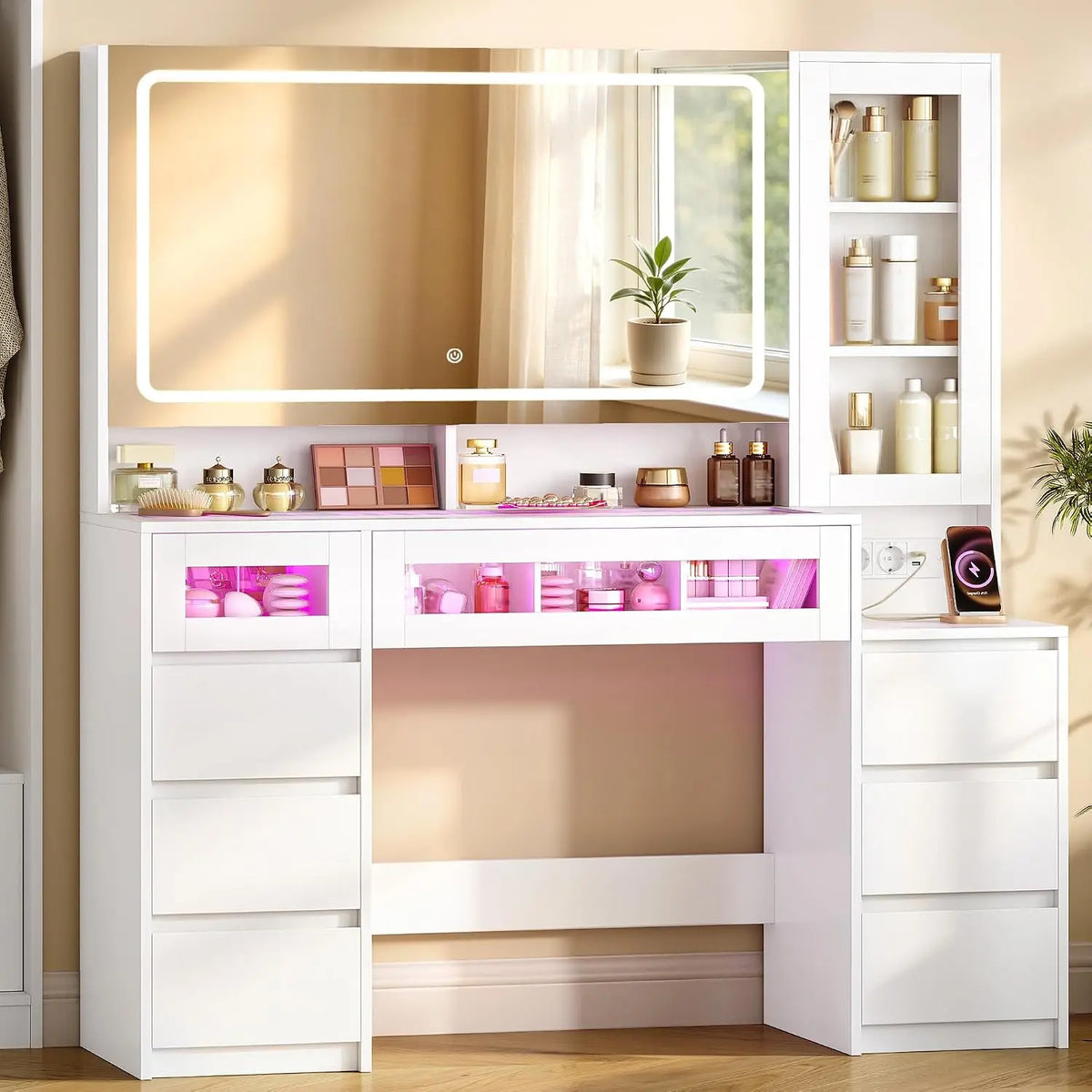 Hzuaneri Coiffeuse avec Bande Lumineuse LED RGB – 40 x 130 x 140 cm, blanc