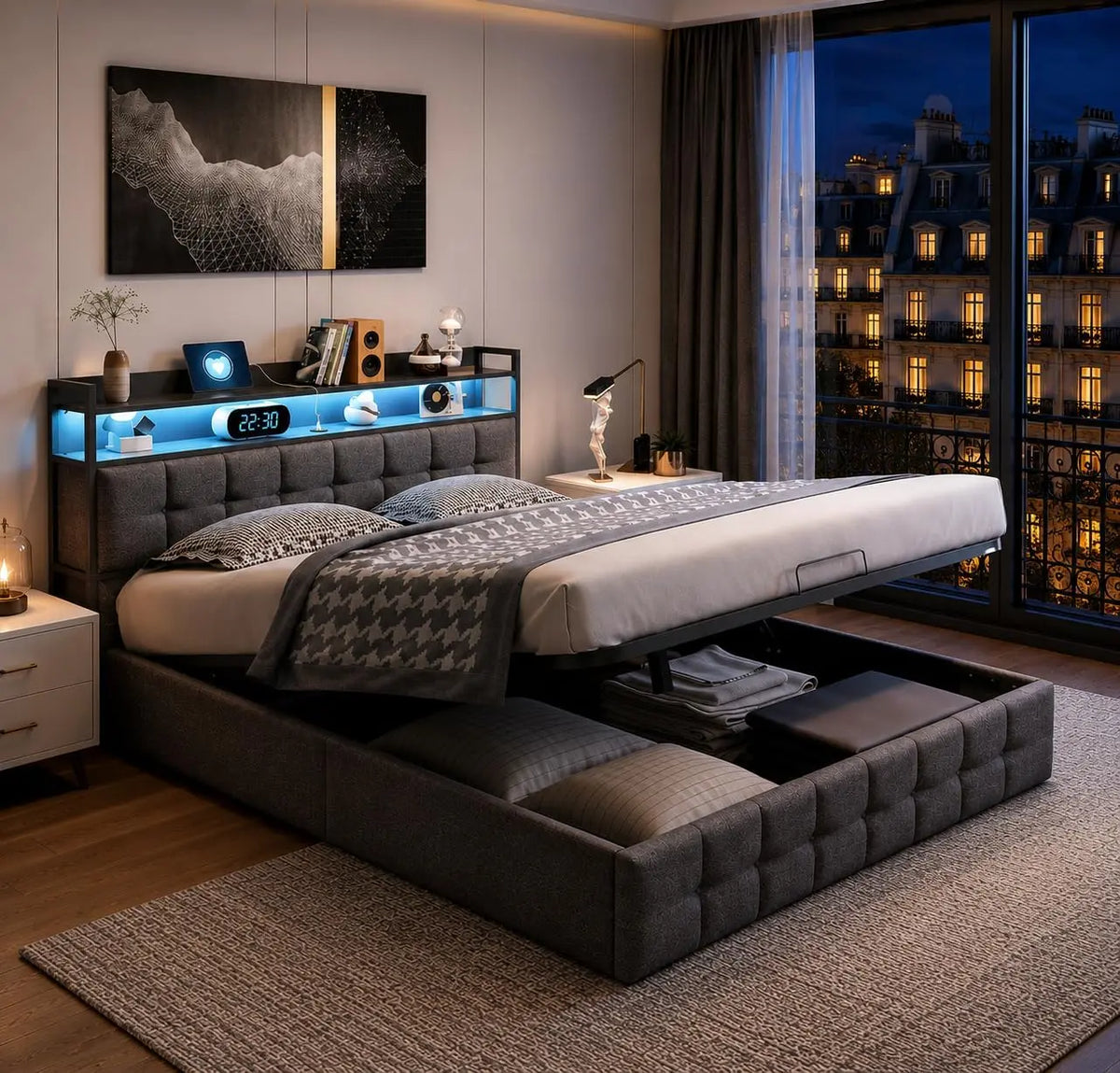 LIVLUX Lit Coffre 140x190 avec sommier LED et USB – 140 x 190 cm, gris