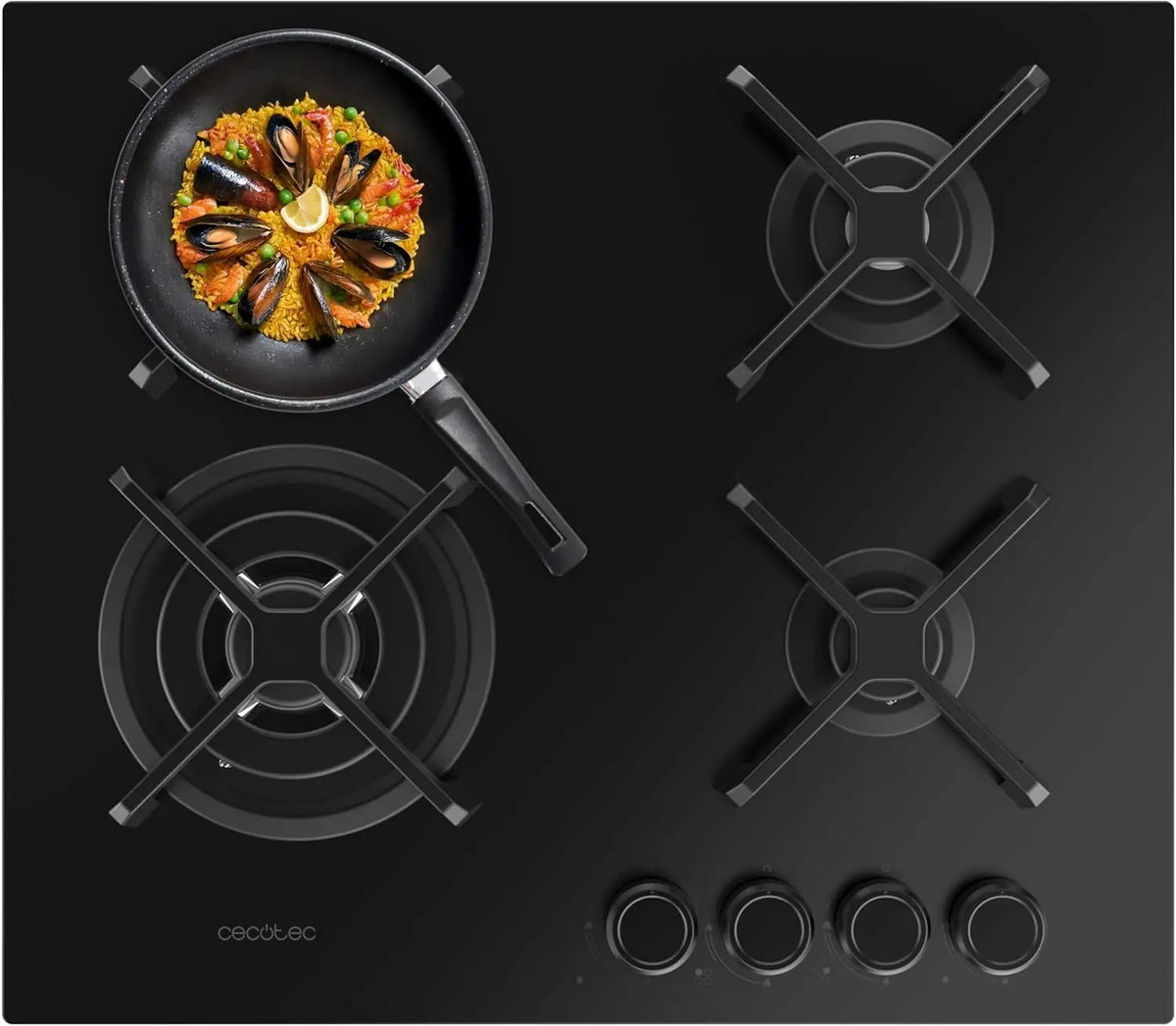 Cecotec Table de Cuisson à Gaz 4 Feux Bolero Squad G 4400S Nano Glass – 8 kW, noir/gris