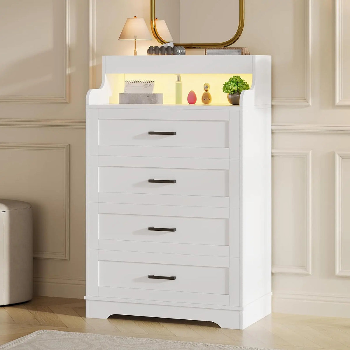 Commode buffet avec éclairage LED meuble de rangement – beige/gris