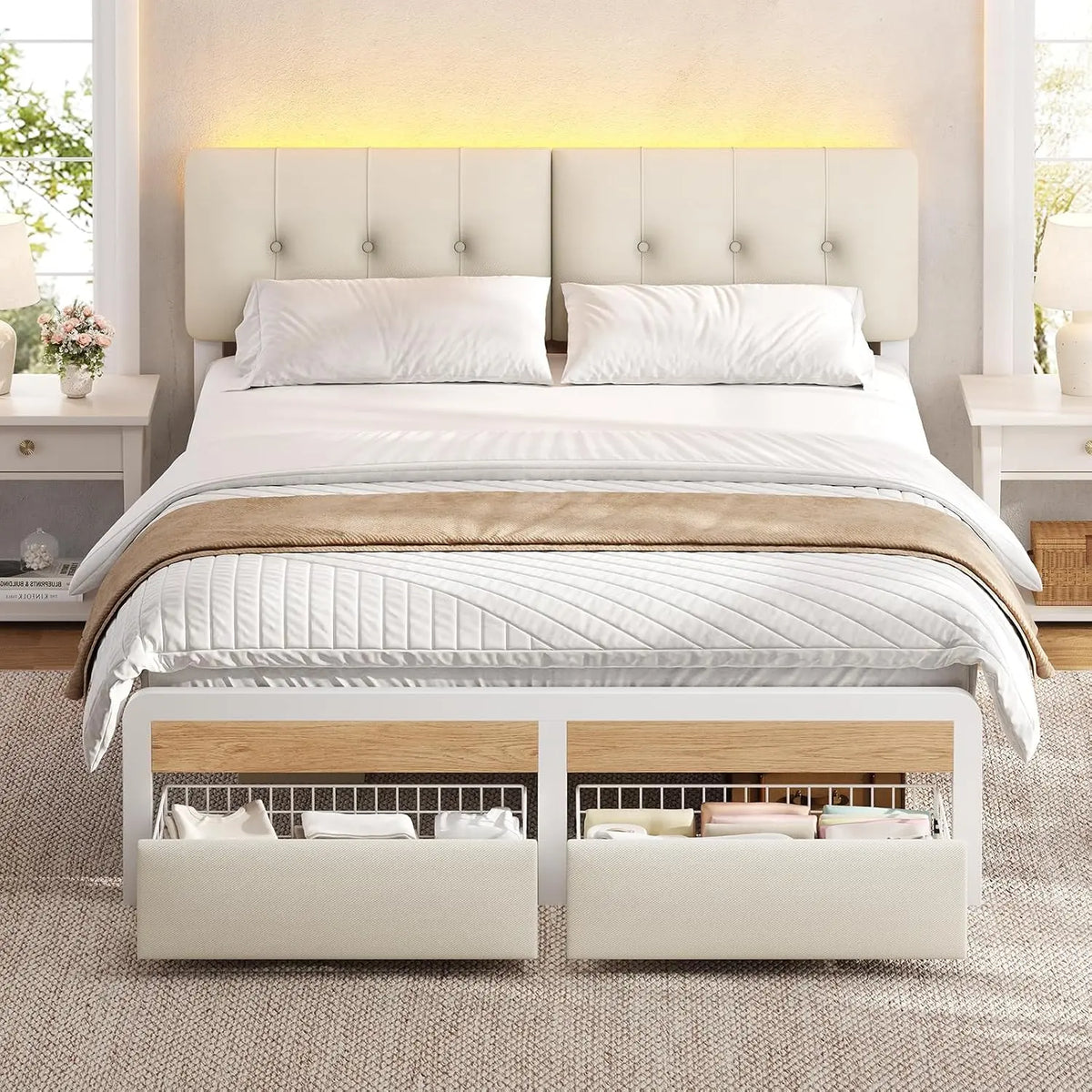 KIMENICH Lit 140x190 avec Sommier et Éclairage LED – 2 places, blanc