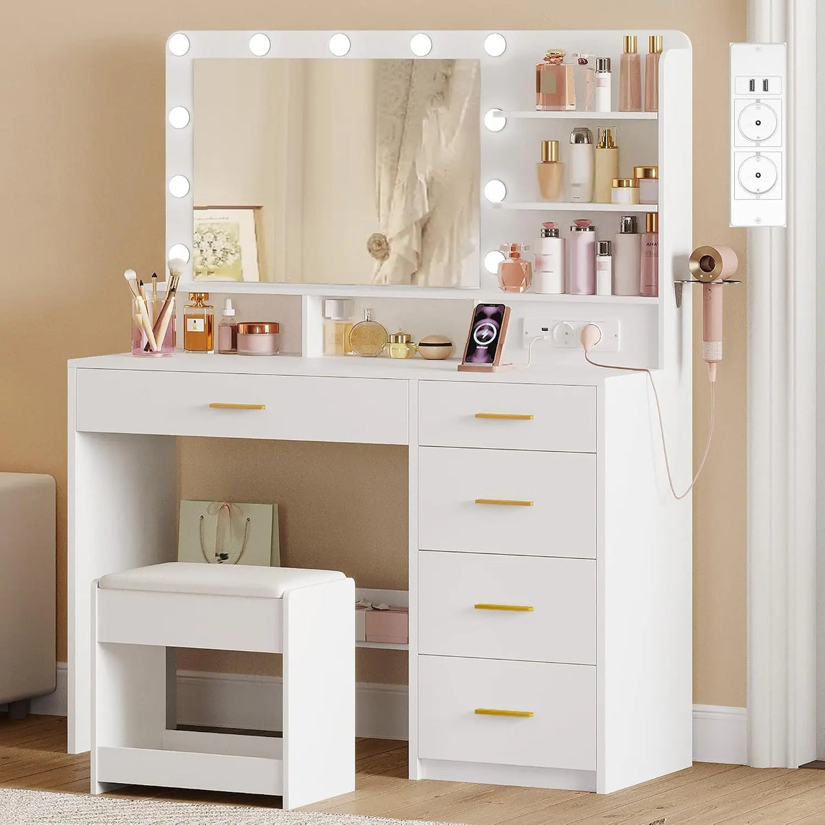 Hzuaneri Coiffeuse avec 10 Globes Lumineux LED – DT42903XEU, 40 × 108 ×139 cm, blanc