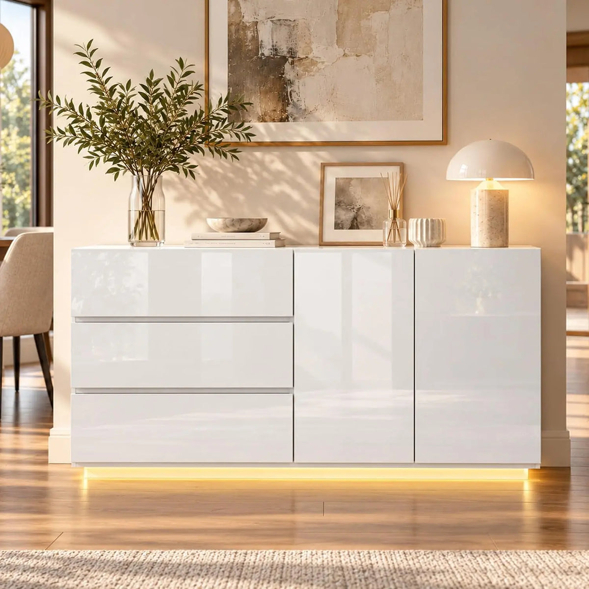 Commode blanche brillante avec éclairage LED - Buffet blanc brillant - 160 cm - Avec 2 portes