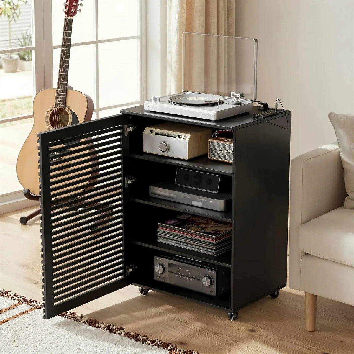 Meuble HiFi 5 Niveaux avec Multiprises – 60 x 50 x 90 cm, noir