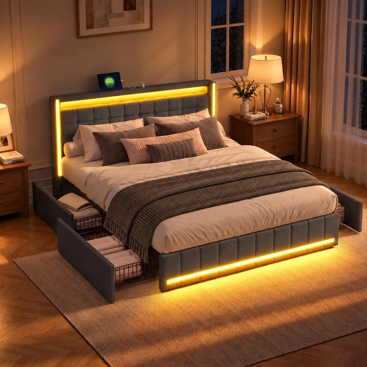 Lit 160x200 avec Sommier et LED – gris