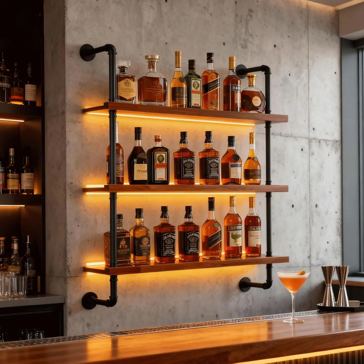 100 cm Porte-bouteilles De Vin Mural LED à 3 Niveaux pour Bar & Restaurant – 70 bouteilles, gris/orange