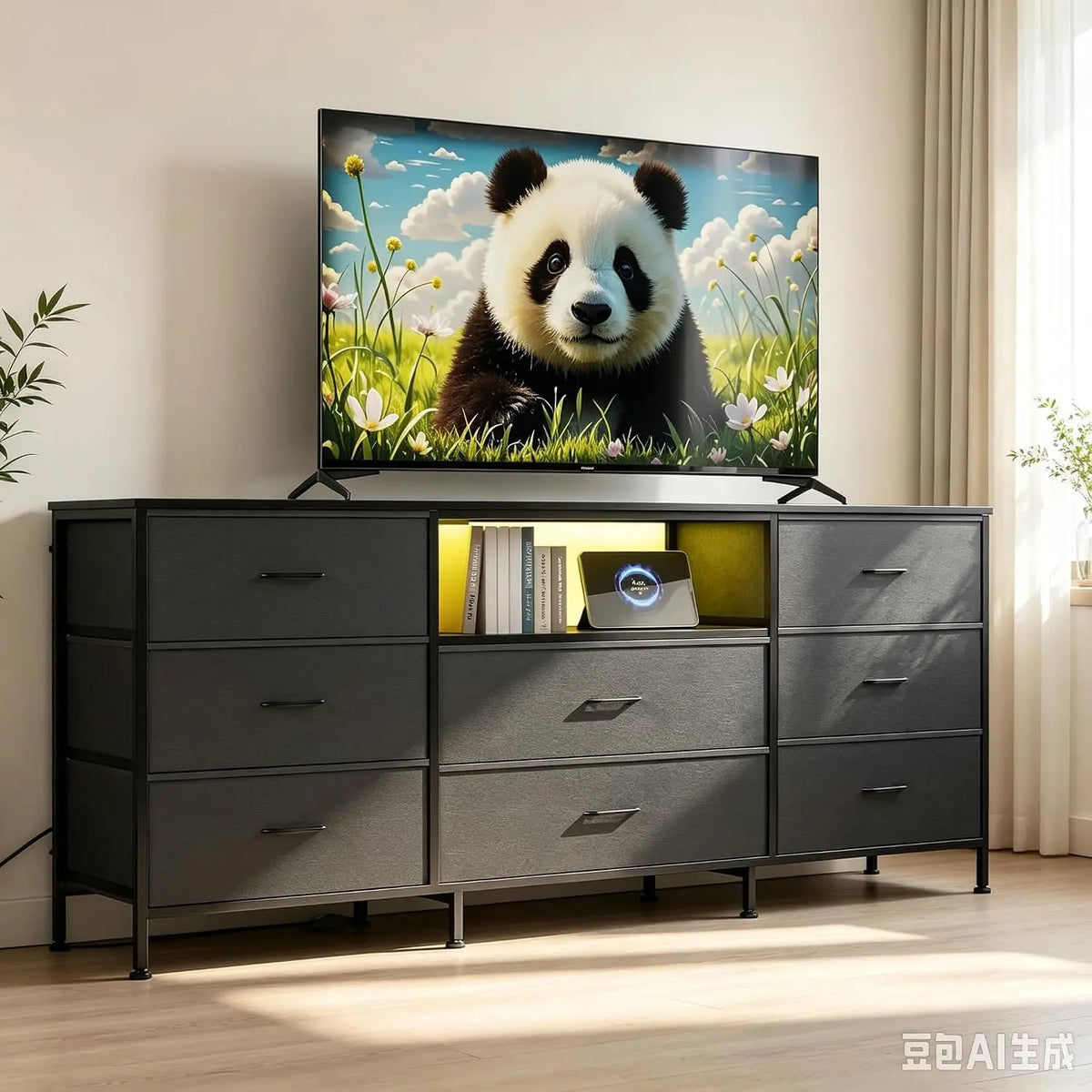Zstar Meuble téléviseur avec 8 Tiroirs et Éclairage LED – gris