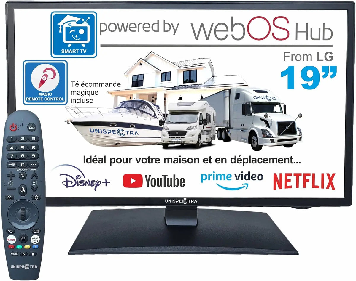 Unispectra 19' téléviseur connecté webOS avec Télécommande Magique 12v HDR 230v 24v téléviseur TNT – 19 kWh, 2,4 GHz / 5 GHz, noir